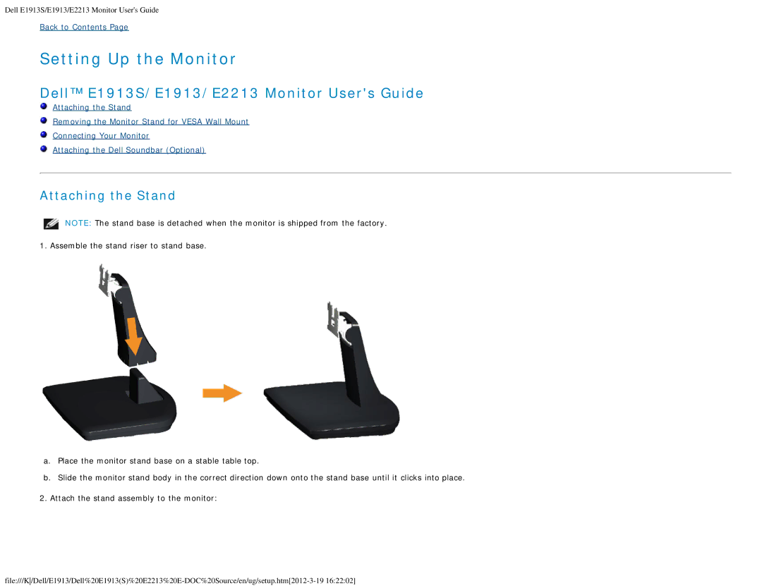 Dell 4693132 appendix Setting Up the Monitor, Attaching the Stand 