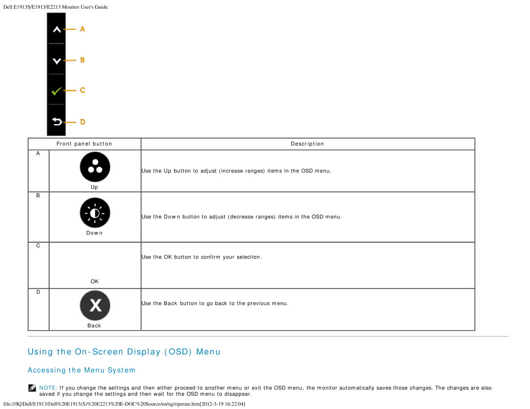 Dell 4693132 appendix Using the On-Screen Display OSD Menu, Accessing the Menu System, Down, Back 