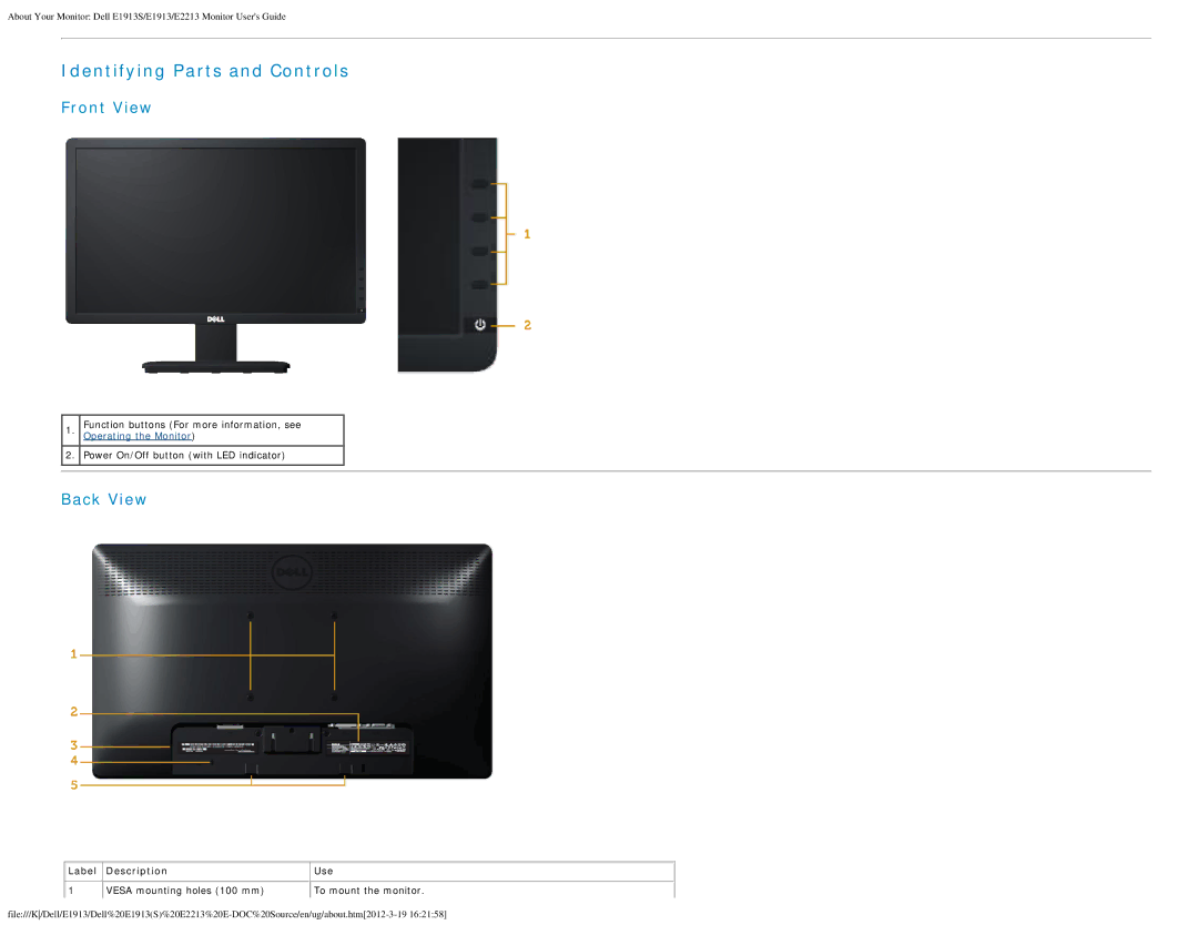 Dell 4693132 appendix Front View, Back View, Label Description Use Vesa mounting holes 100 mm 