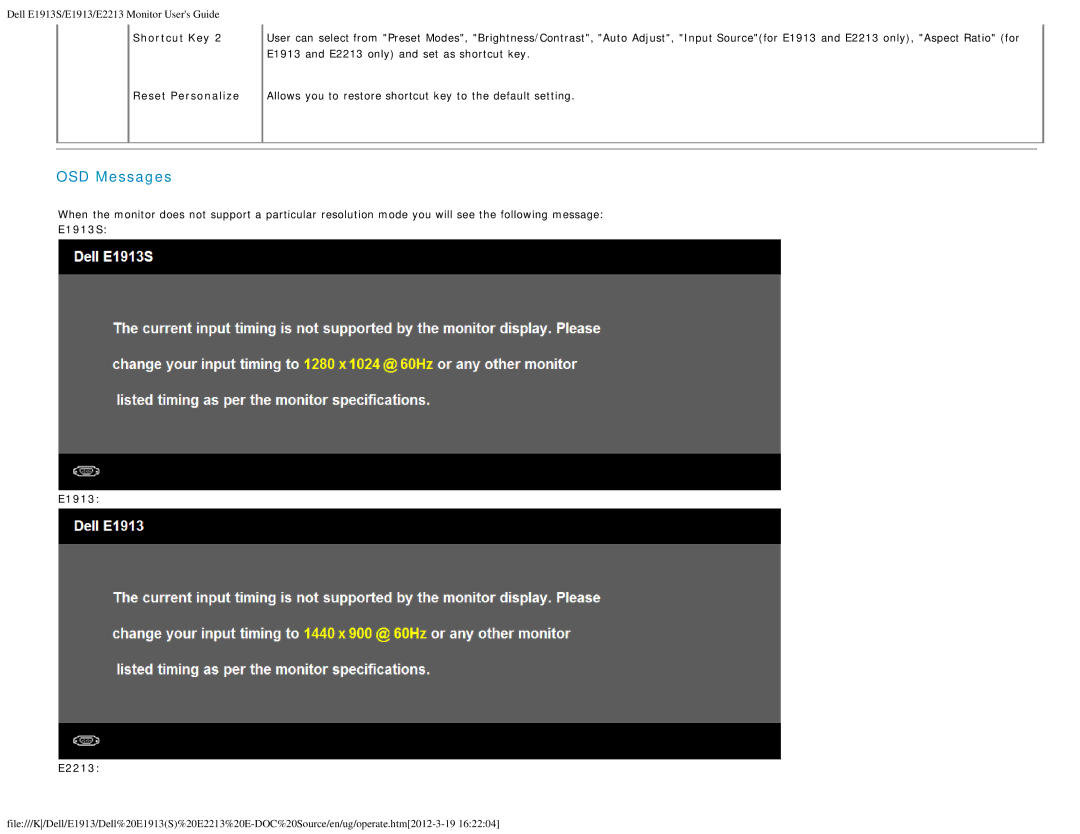 Dell 4693132 appendix OSD Messages, Shortcut Key Reset Personalize, E1913S E2213 