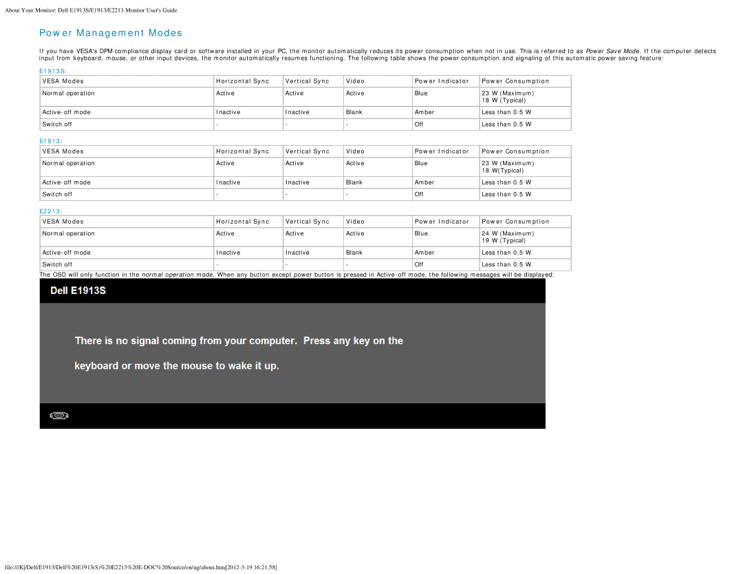 Dell 4693132 appendix Power Management Modes, E1913S 