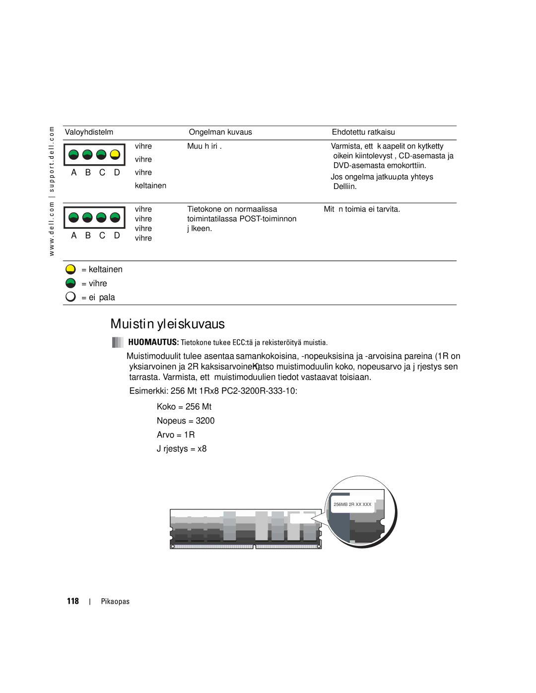 Dell 470, 670 Muistin yleiskuvaus, 118, DVD-asemasta emokorttiin, Huomautus Tietokone tukee ECCtä ja rekisteröityä muistia 