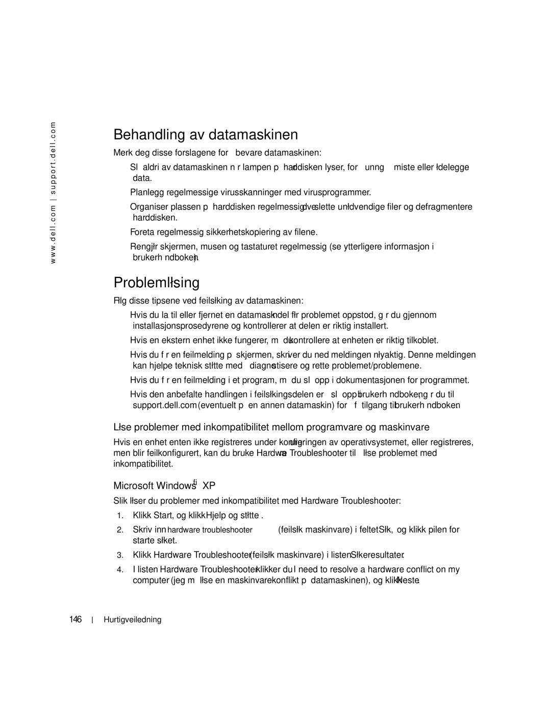 Dell 470, 670 manual Behandling av datamaskinen, Problemløsing, 146 