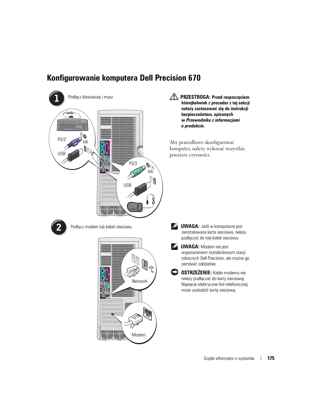 Dell 670, 470 manual 175, Podłącz klawiaturę i mysz PS/2 lub, Lub 
