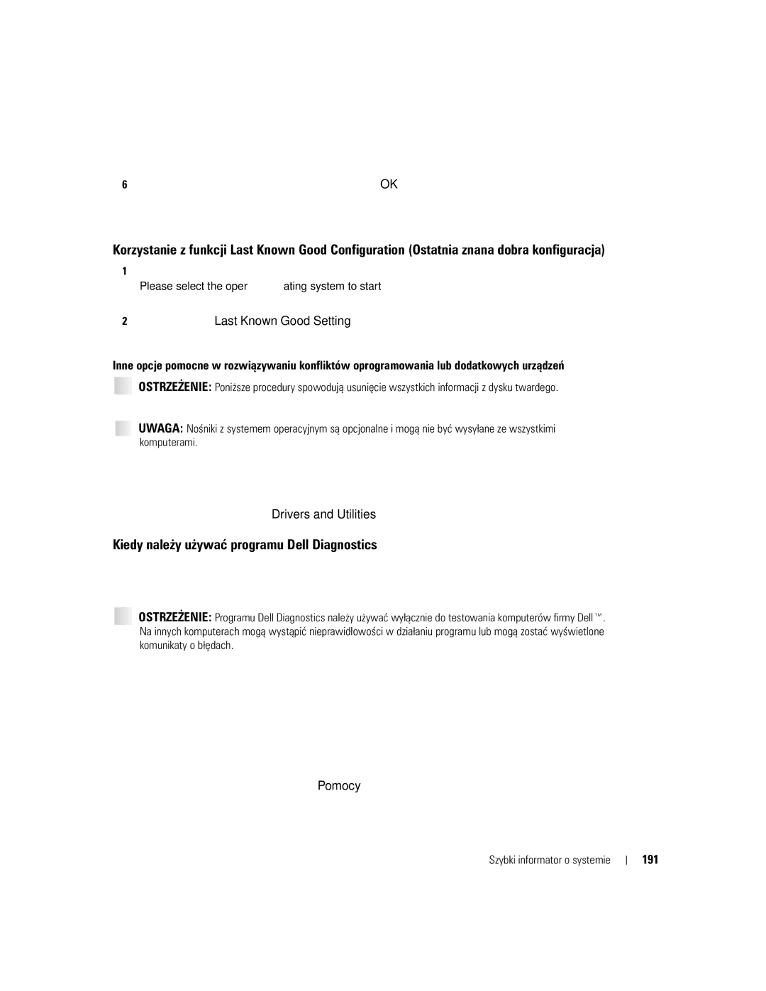 Dell 670, 470 manual Kiedy należy używać programu Dell Diagnostics, 191 