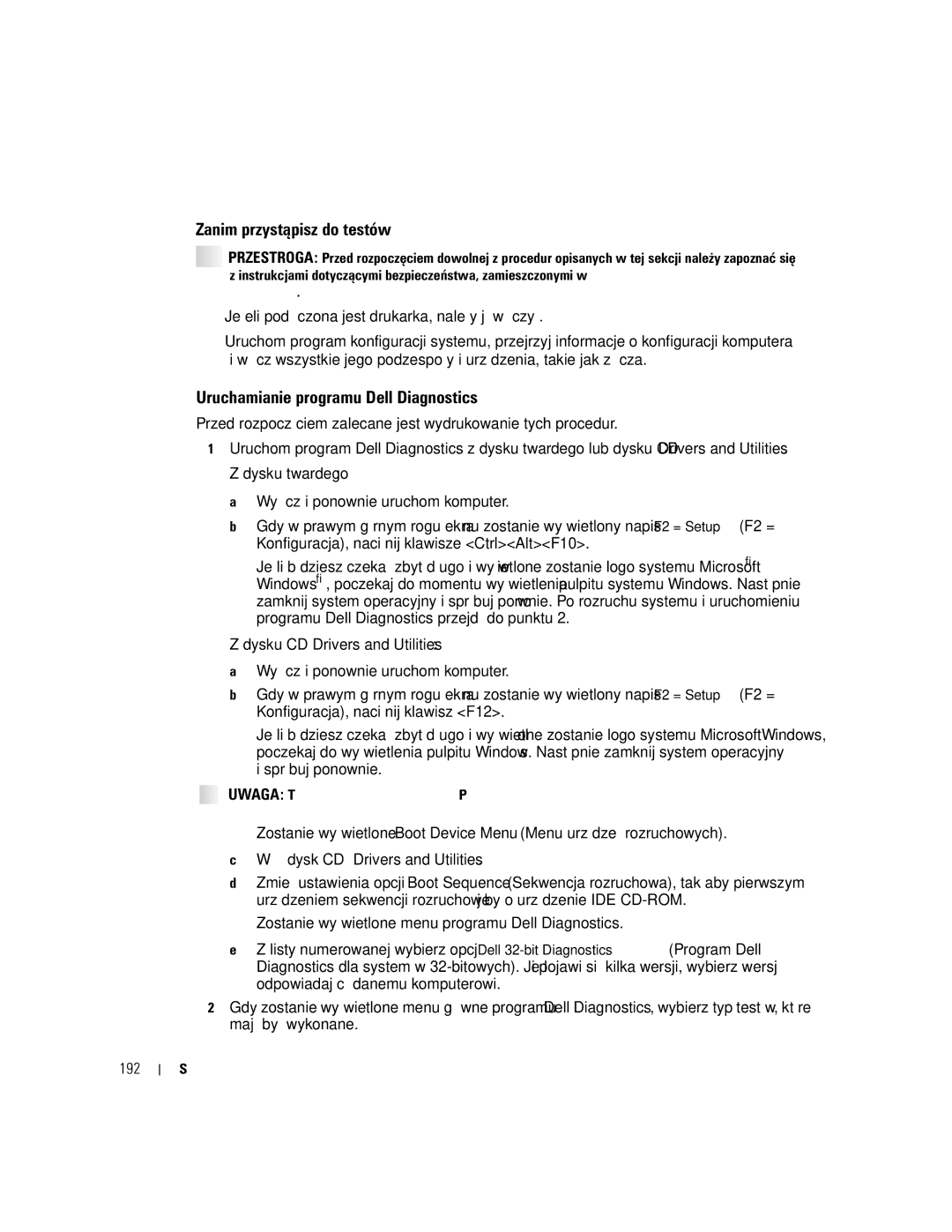 Dell 470, 670 manual Zanim przystąpisz do testów, 192 