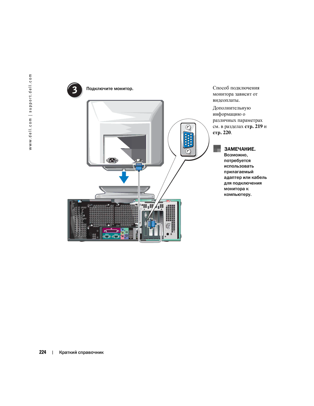 Dell 470, 670 manual Видеоплаты, 224, Монитора зависит от 