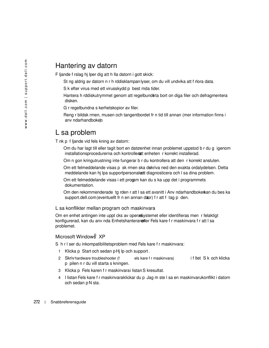 Dell 470, 670 manual Hantering av datorn, Lösa problem, Lösa konflikter mellan program och maskinvara, 272 