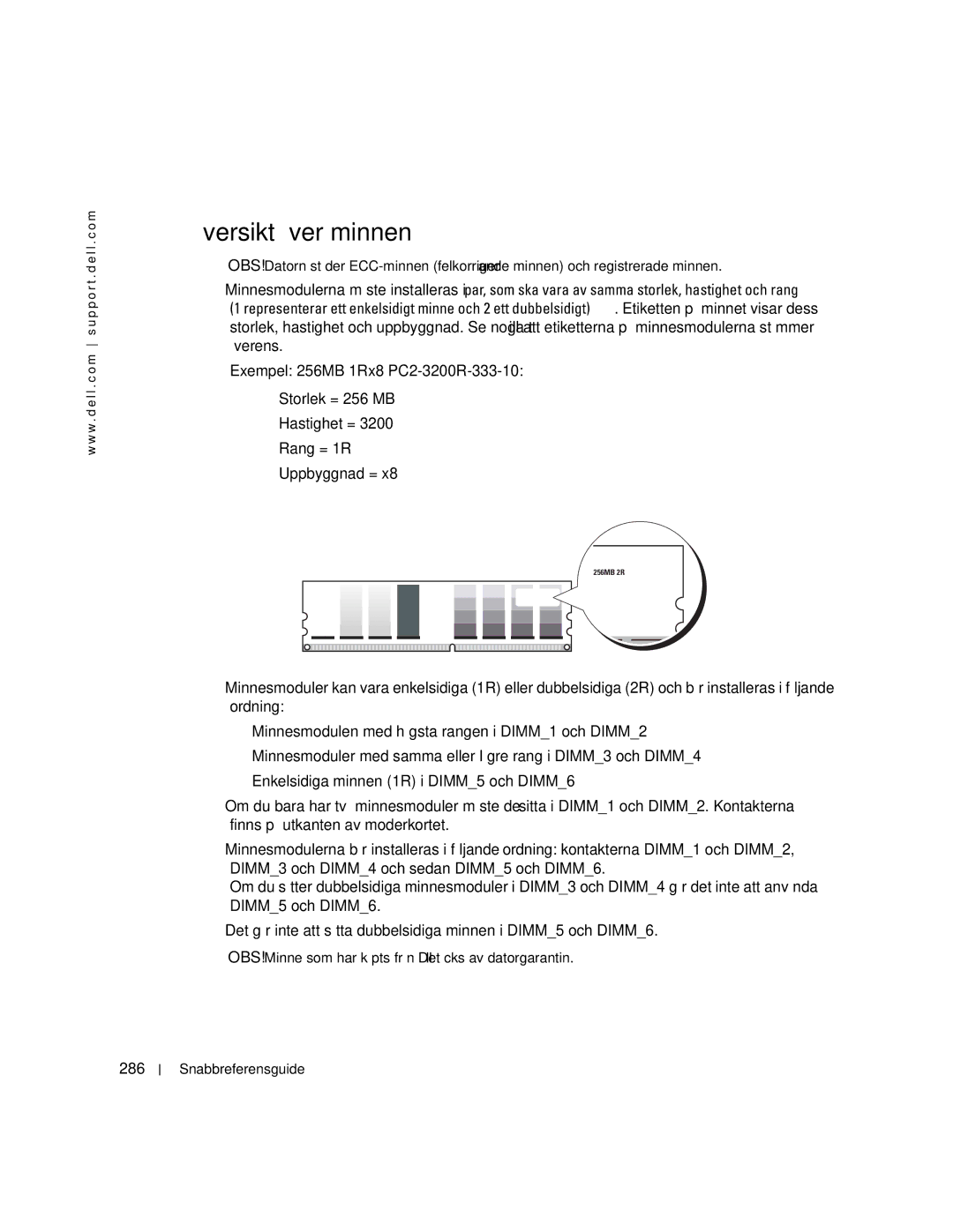 Dell 470, 670 manual Översikt över minnen, 286, OBS! Minne som har köpts från Dell täcks av datorgarantin 