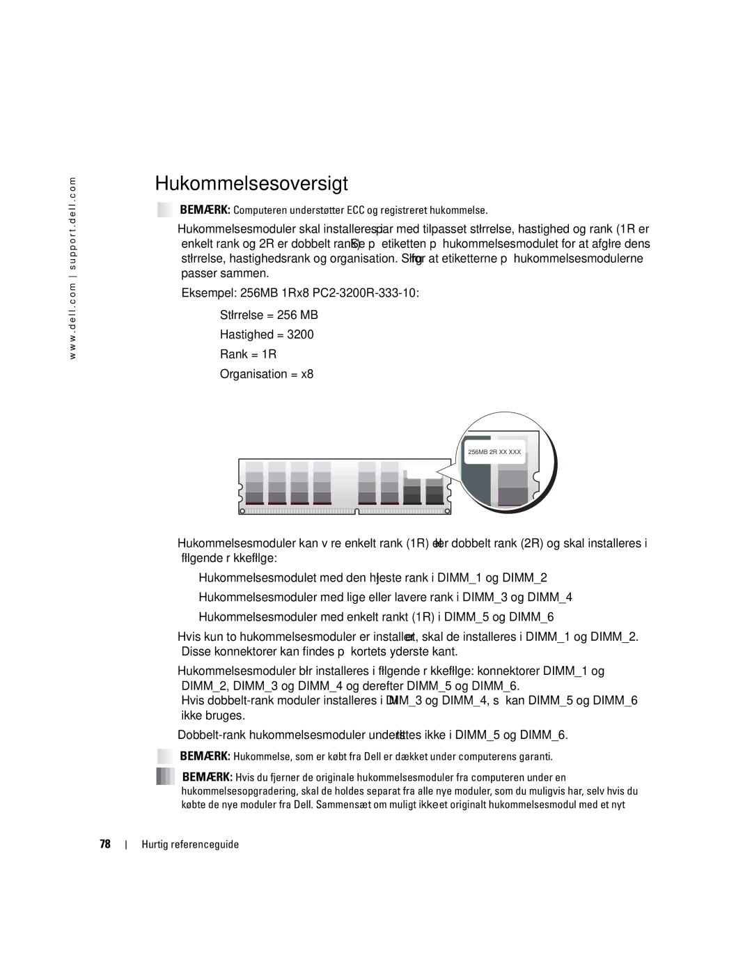 Dell 470, 670 manual Hukommelsesoversigt, Bemærk Computeren understøtter ECC og registreret hukommelse 