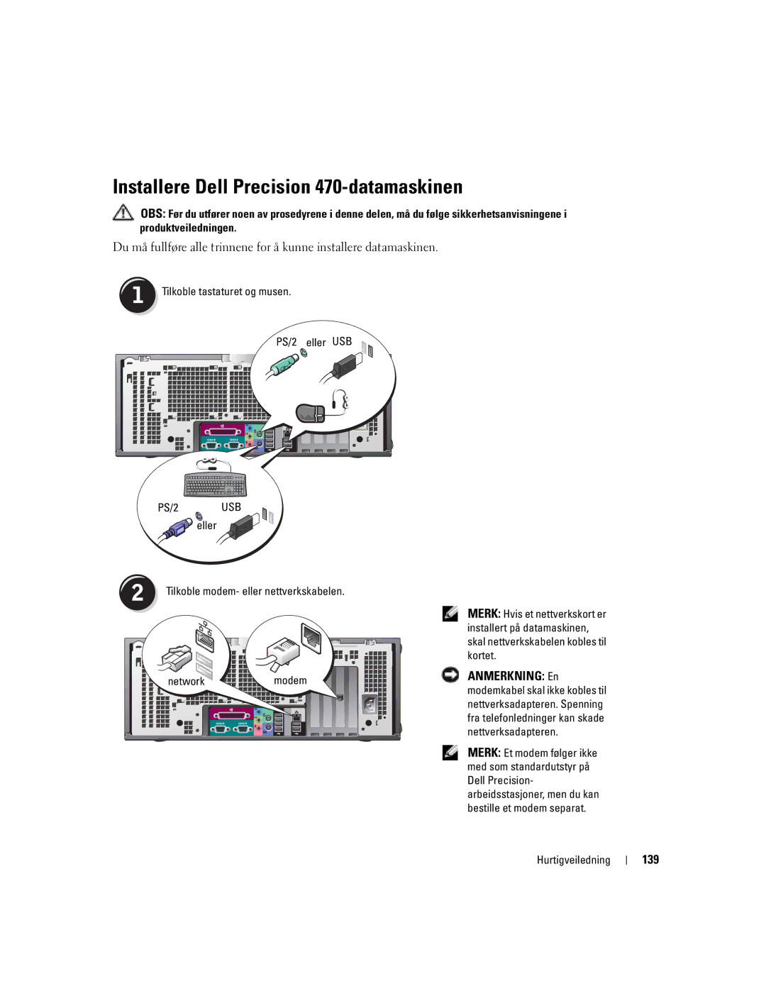 Dell 670 manual Installere Dell Precision 470-datamaskinen, 139 