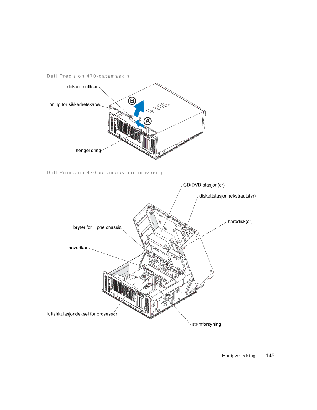 Dell 670, 470 manual 145, Åpning for sikkerhetskabel Hengelåsring 