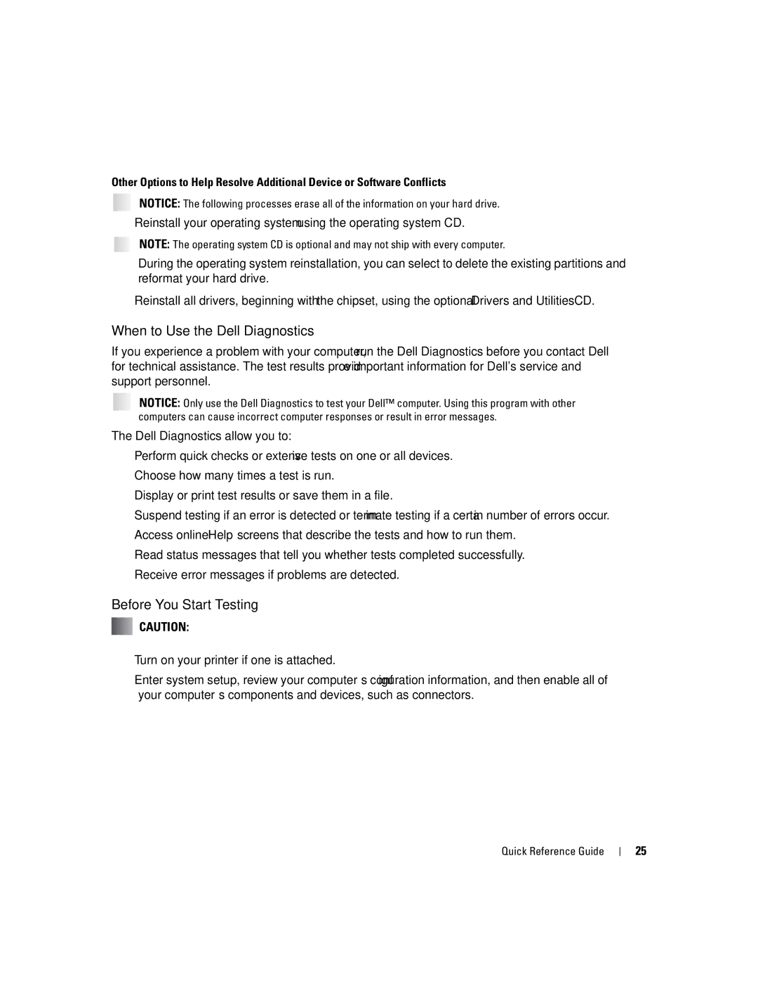 Dell 670, 470 manual When to Use the Dell Diagnostics, Before You Start Testing 