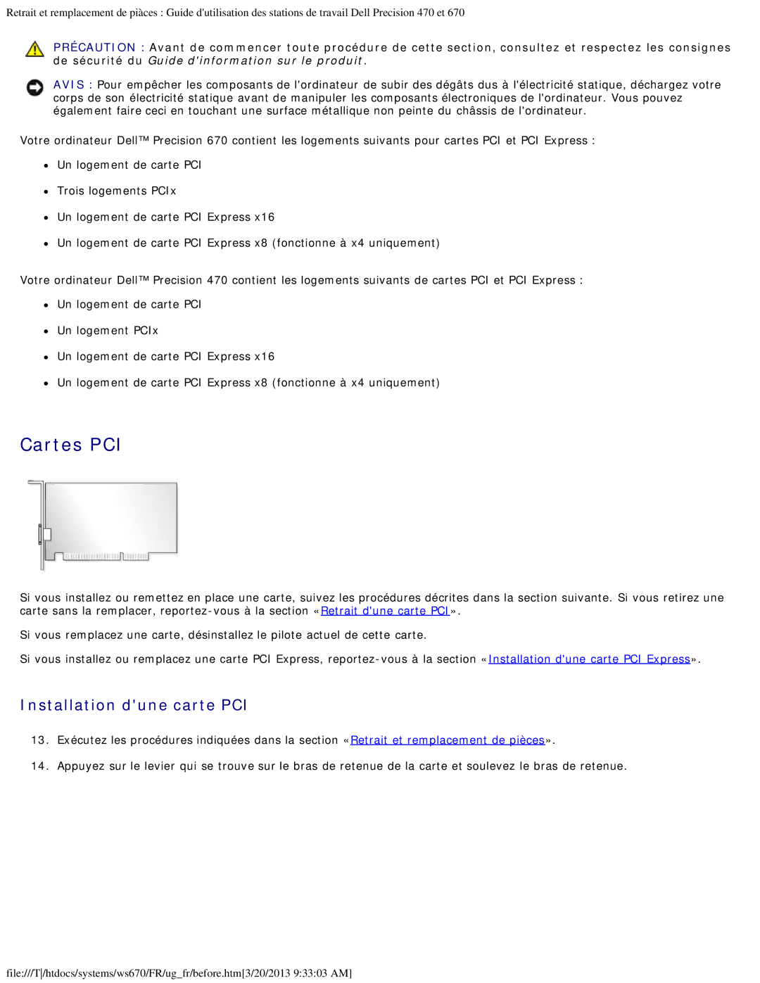 Dell 470 et 670 manual Cartes PCI, Installation dune carte PCI 