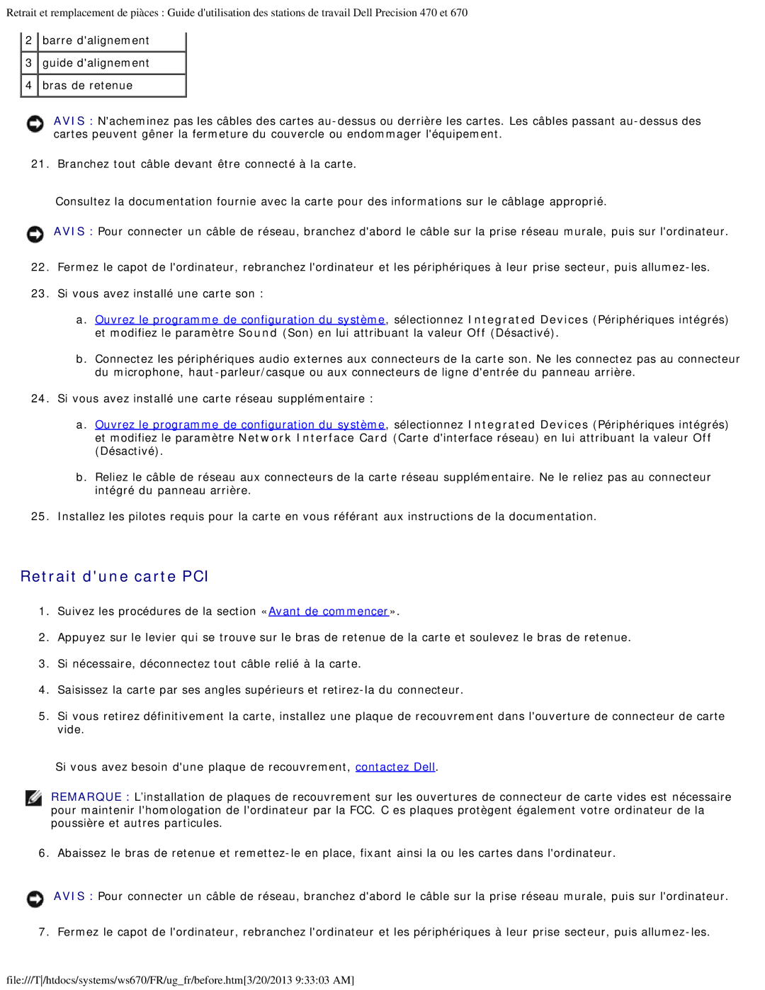 Dell 470 et 670 manual Retrait dune carte PCI 