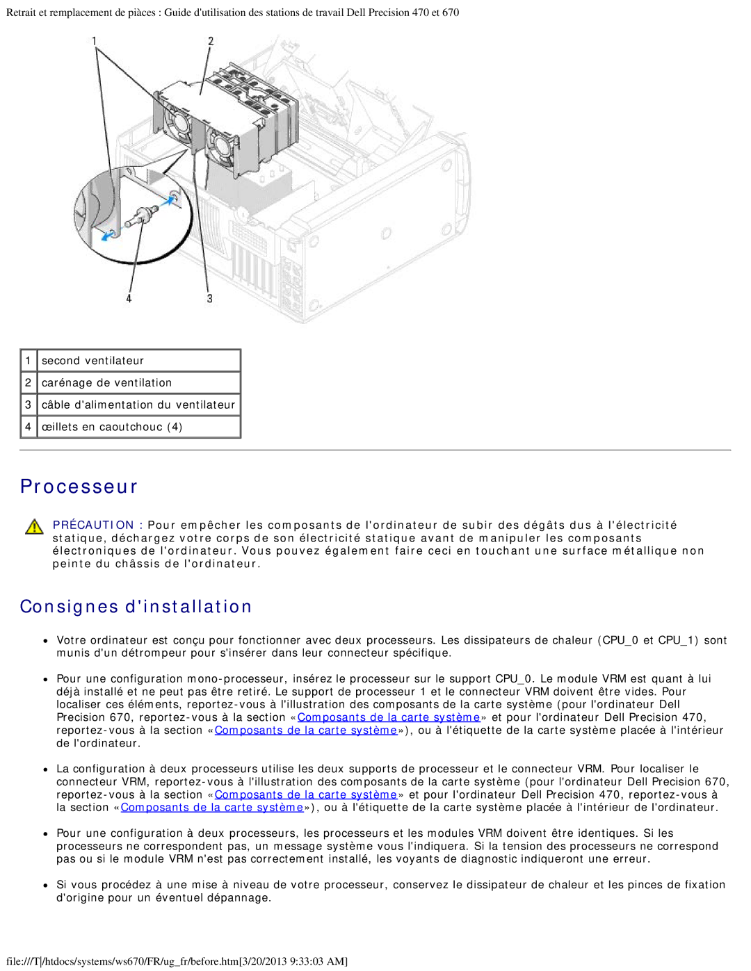 Dell 470 et 670 manual Processeur, Consignes dinstallation 