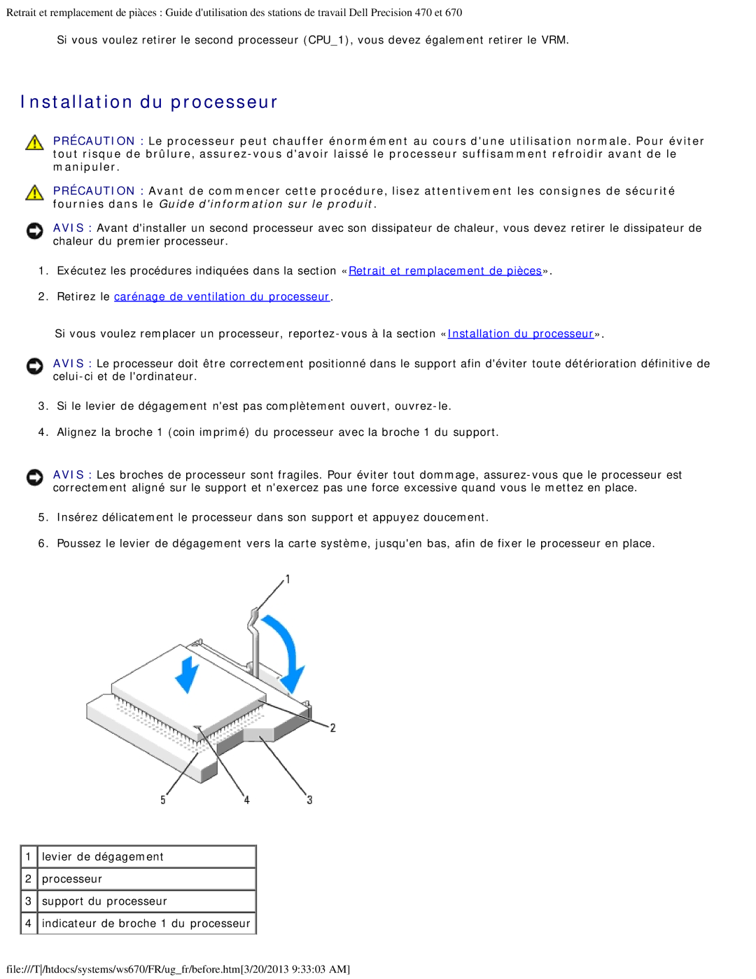 Dell 470 et 670 manual Installation du processeur, Retirez le carénage de ventilation du processeur 