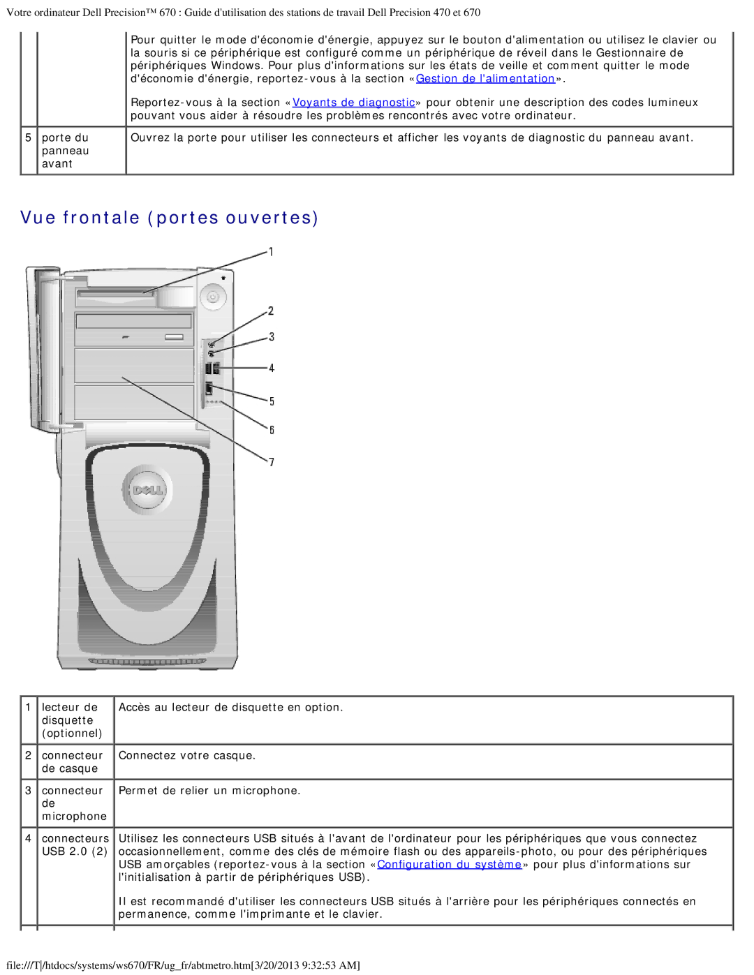 Dell 470 et 670 manual Vue frontale portes ouvertes, Lecteur de 
