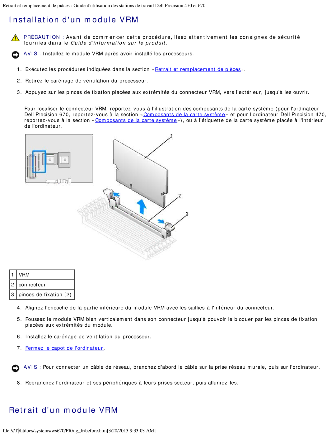 Dell 470 et 670 manual Installation dun module VRM, Retrait dun module VRM 