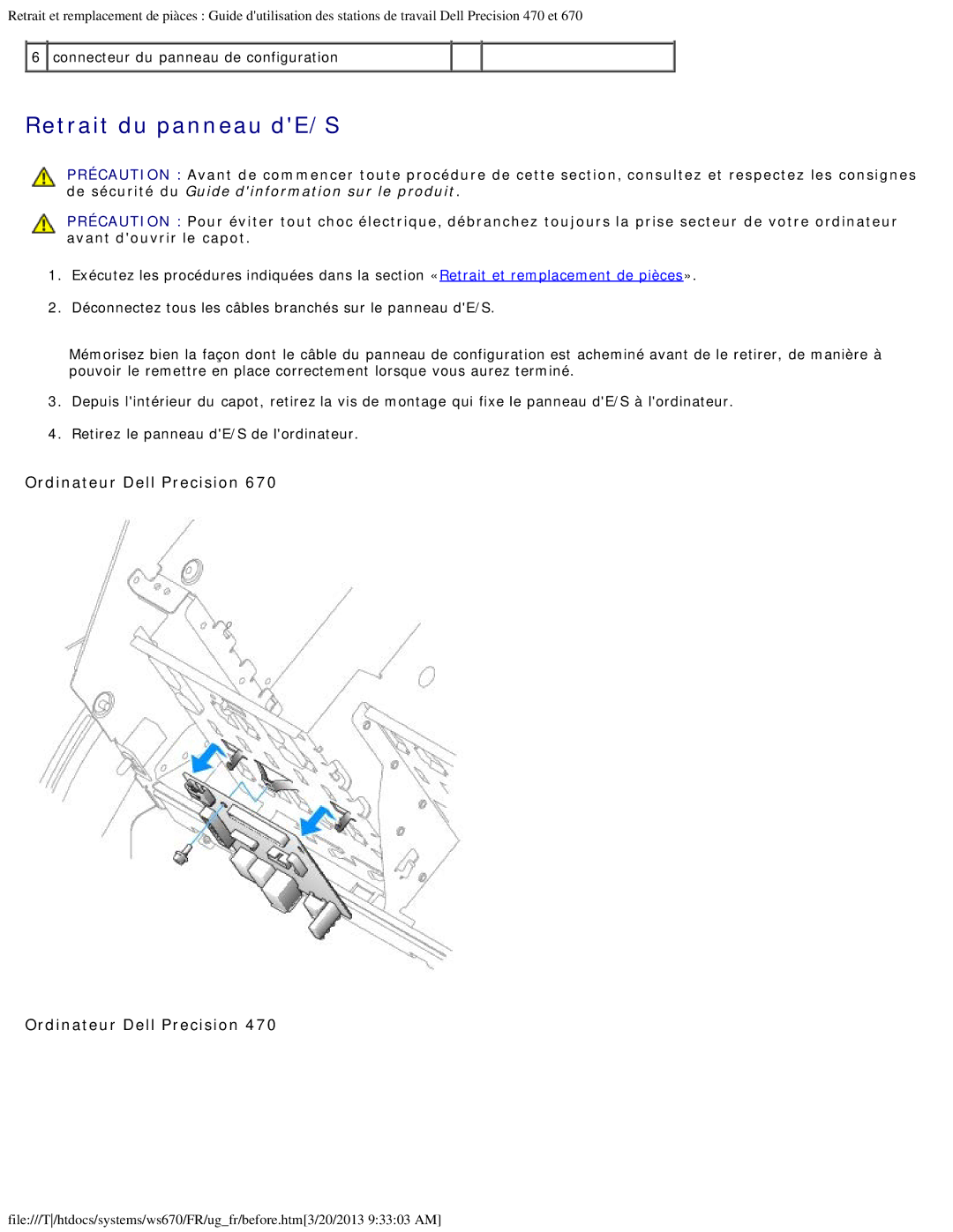 Dell 470 et 670 manual Retrait du panneau dE/S 