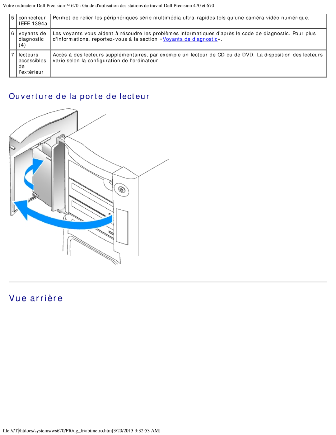 Dell 470 et 670 manual Vue arrière, Ouverture de la porte de lecteur 