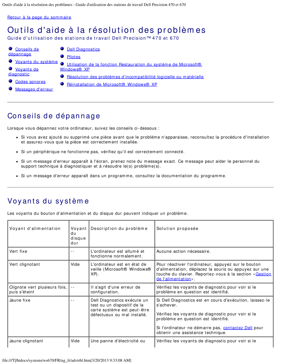 Dell 470 et 670 manual Conseils de dépannage, Voyants du système, Voyant dalimentation Description du problème Disque Dur 