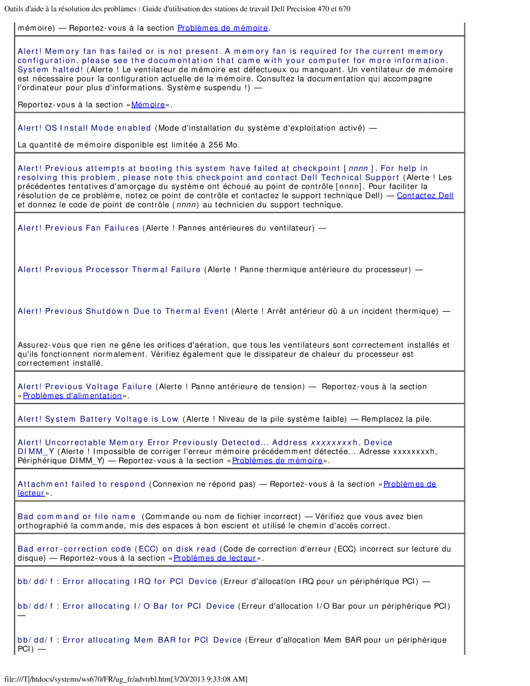 Dell 470 et 670 manual Mémoire Reportez-vous à la section Problèmes de mémoire 