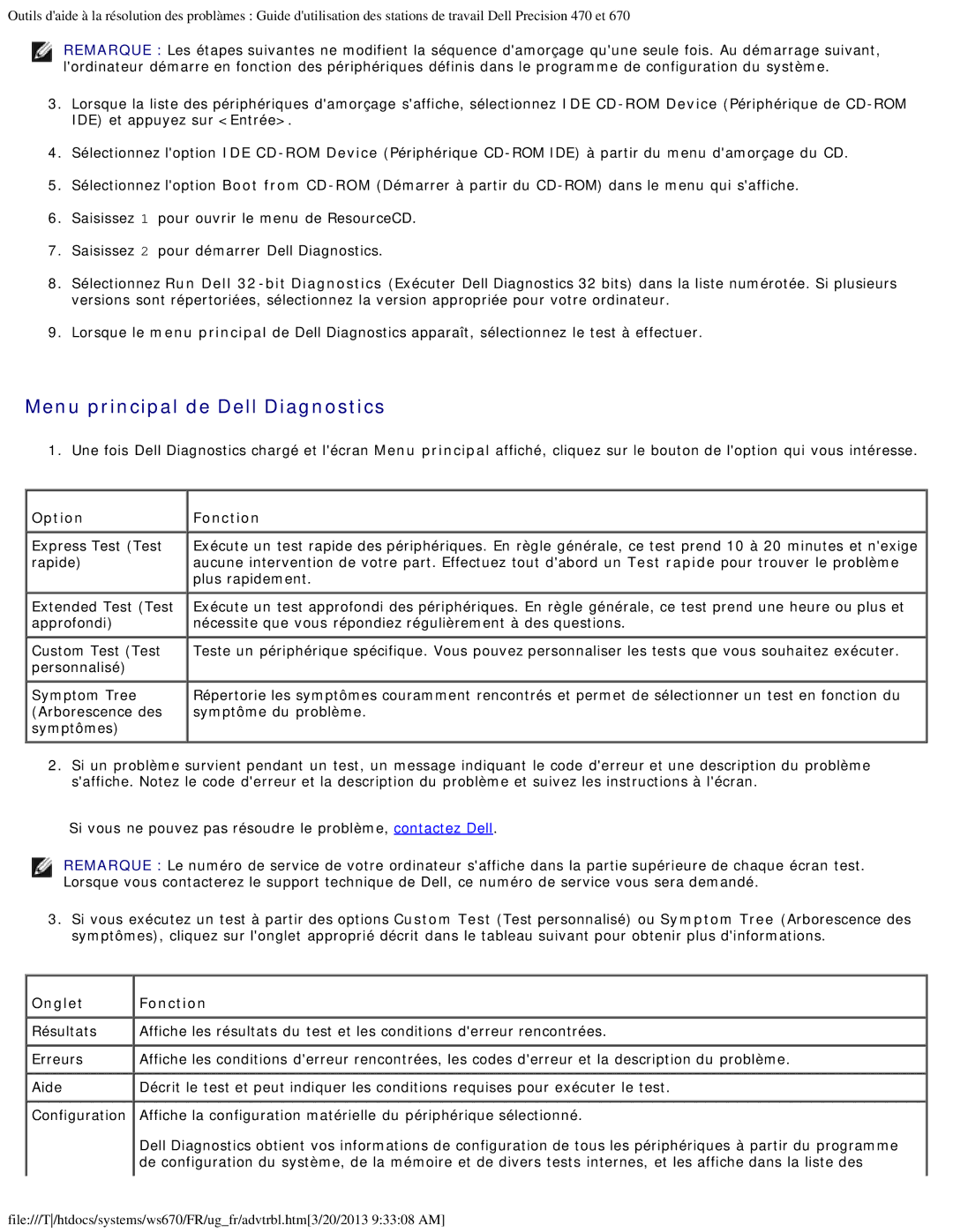 Dell 470 et 670 manual Menu principal de Dell Diagnostics, Option Fonction, Express Test Test, Personnalisé Symptom Tree 