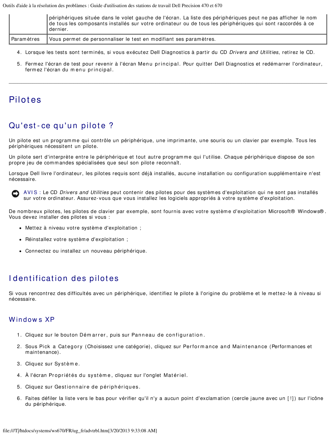 Dell 470 et 670 manual Pilotes, Quest-ce quun pilote ?, Identification des pilotes, Windows XP 