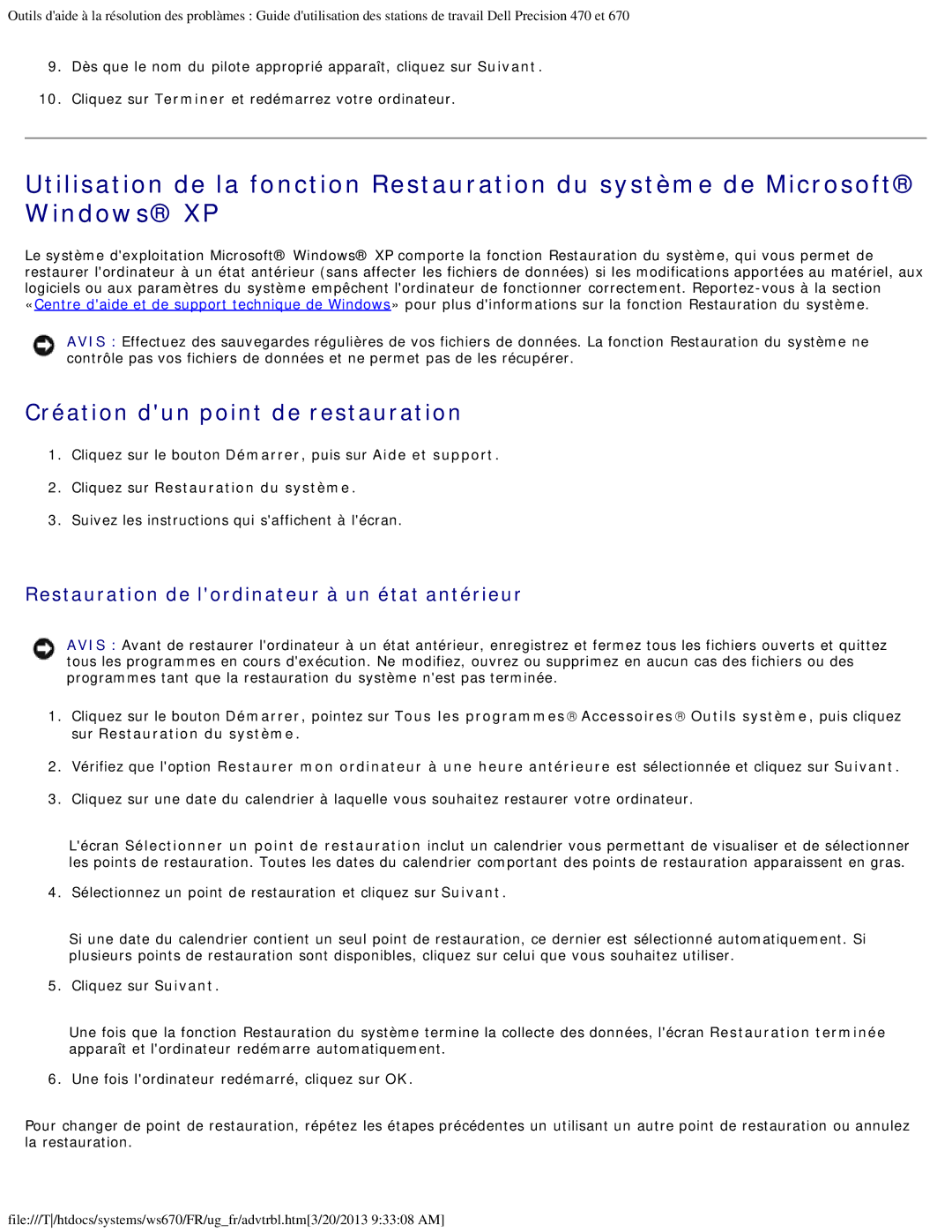 Dell 470 et 670 manual Création dun point de restauration, Restauration de lordinateur à un état antérieur 