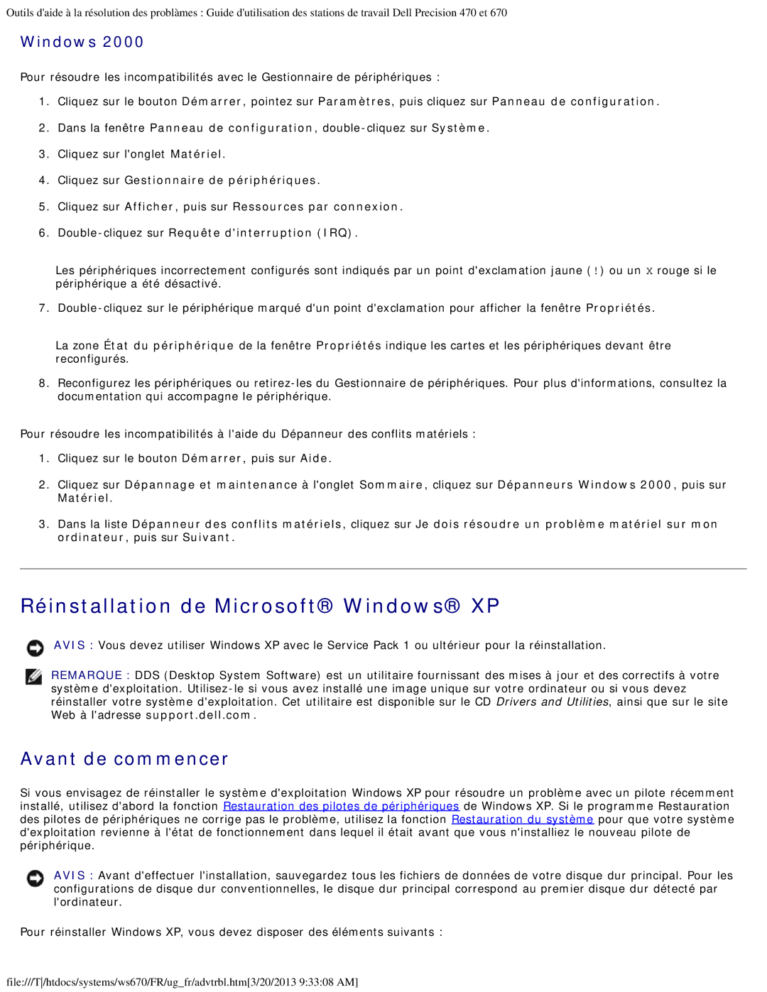 Dell 470 et 670 manual Réinstallation de Microsoft Windows XP, Avant de commencer 