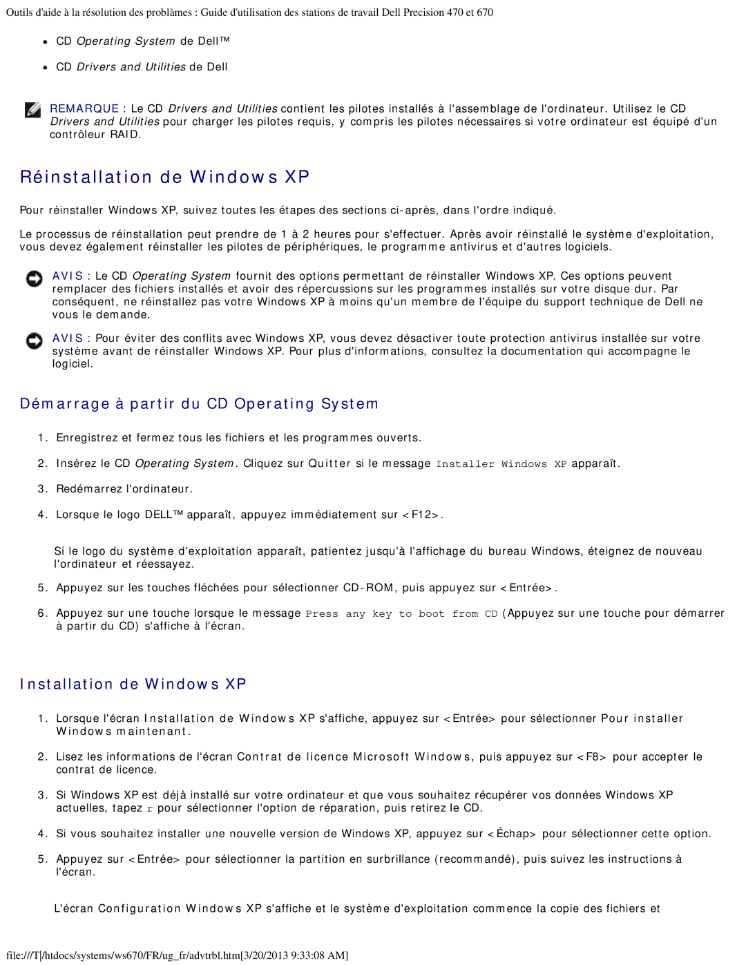 Dell 470 et 670 manual Réinstallation de Windows XP, Démarrage à partir du CD Operating System, Installation de Windows XP 