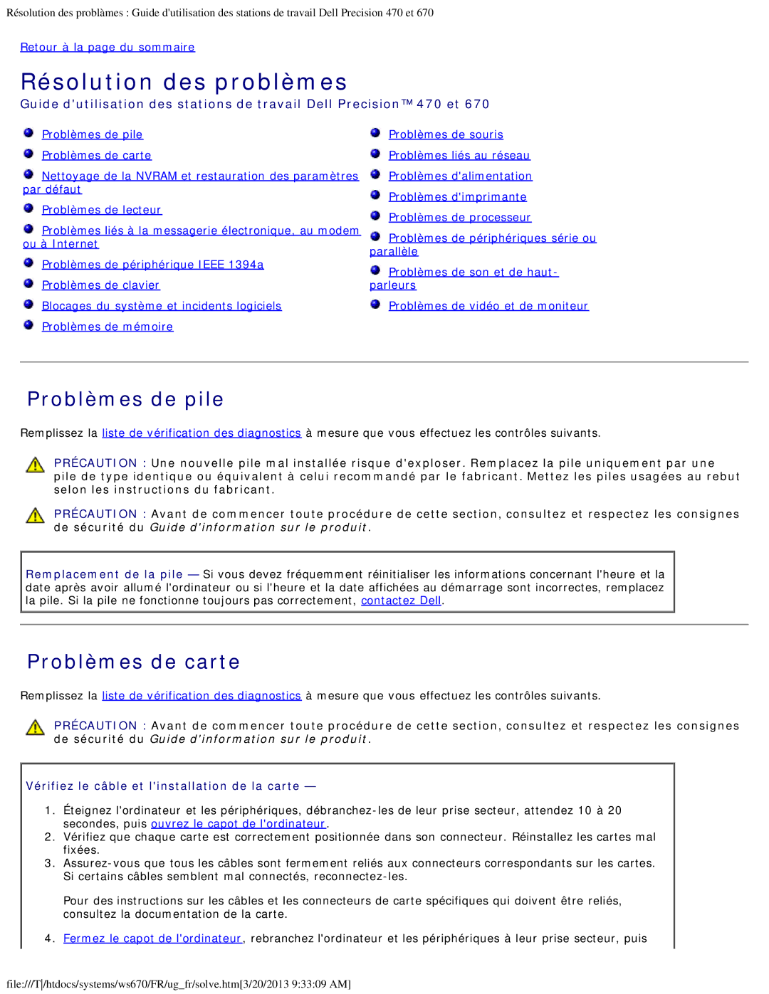 Dell 470 et 670 manual Problèmes de pile, Problèmes de carte 