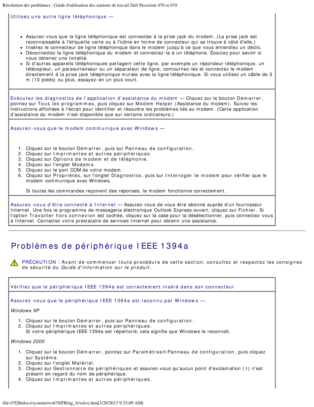 Dell 470 et 670 manual Problèmes de périphérique Ieee 1394a, Cliquez sur Imprimantes et autres périphériques 