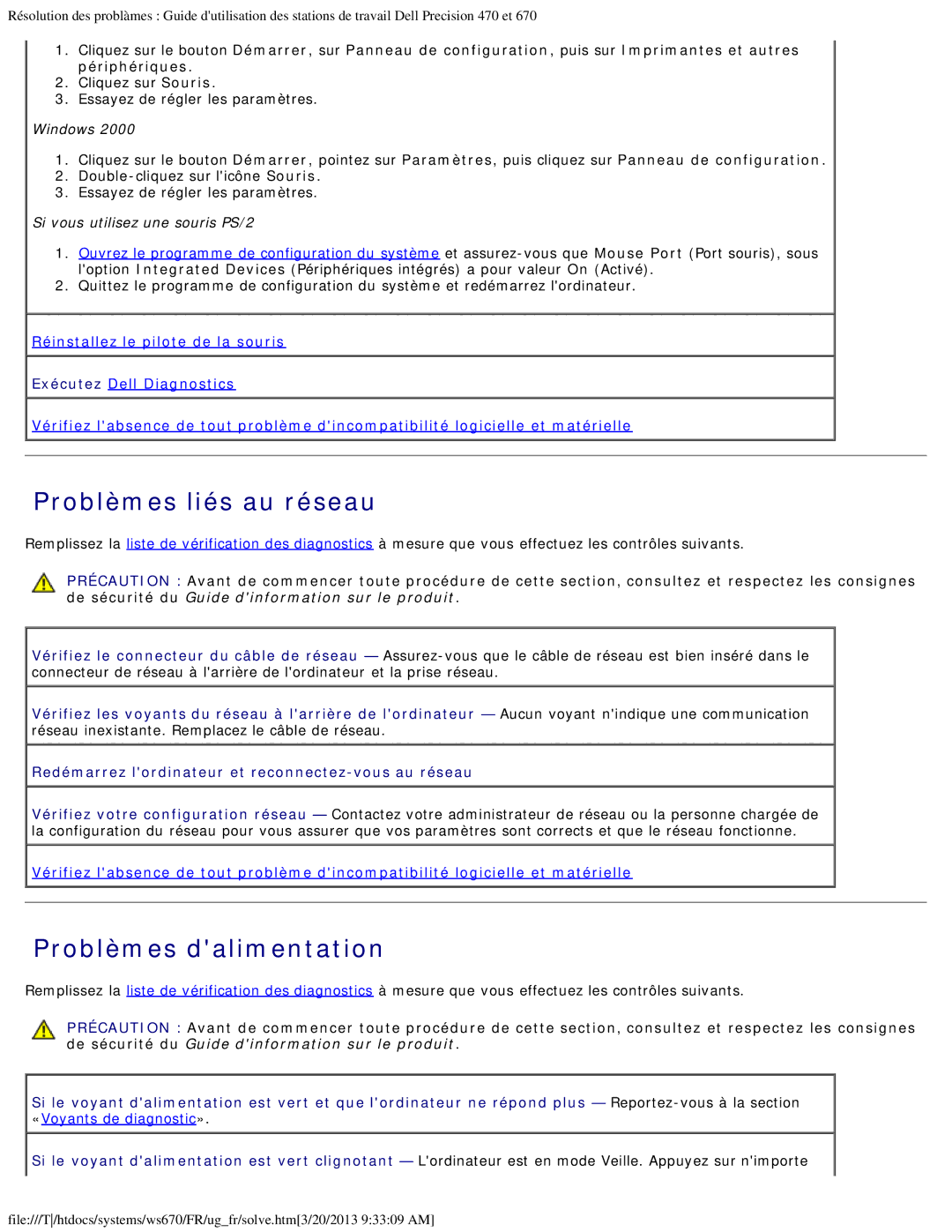 Dell 470 et 670 Problèmes liés au réseau, Problèmes dalimentation, Cliquez sur Souris Essayez de régler les paramètres 