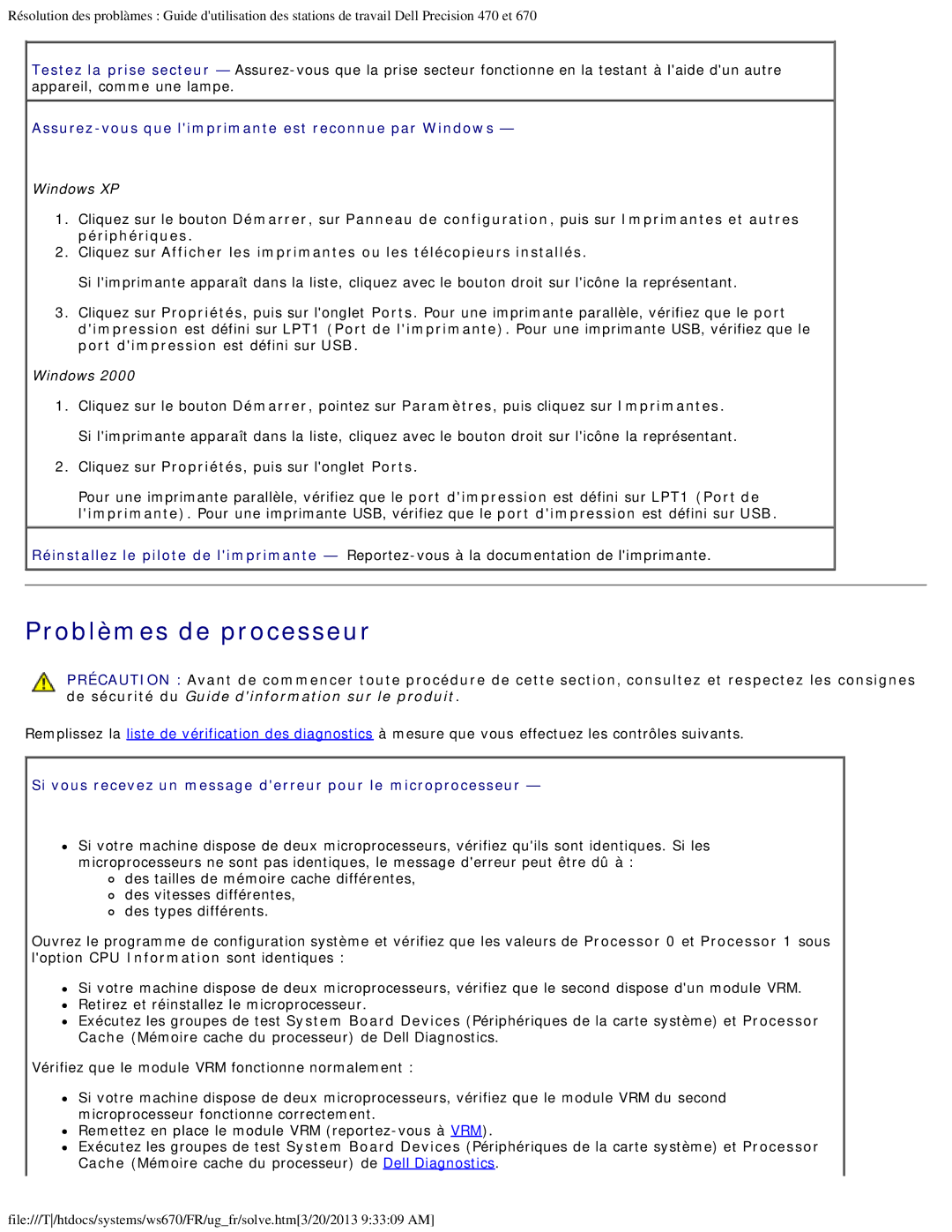 Dell 470 et 670 manual Problèmes de processeur, Assurez-vous que limprimante est reconnue par Windows 