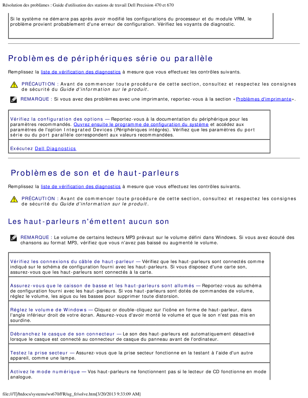 Dell 470 et 670 manual Problèmes de périphériques série ou parallèle, Problèmes de son et de haut-parleurs 