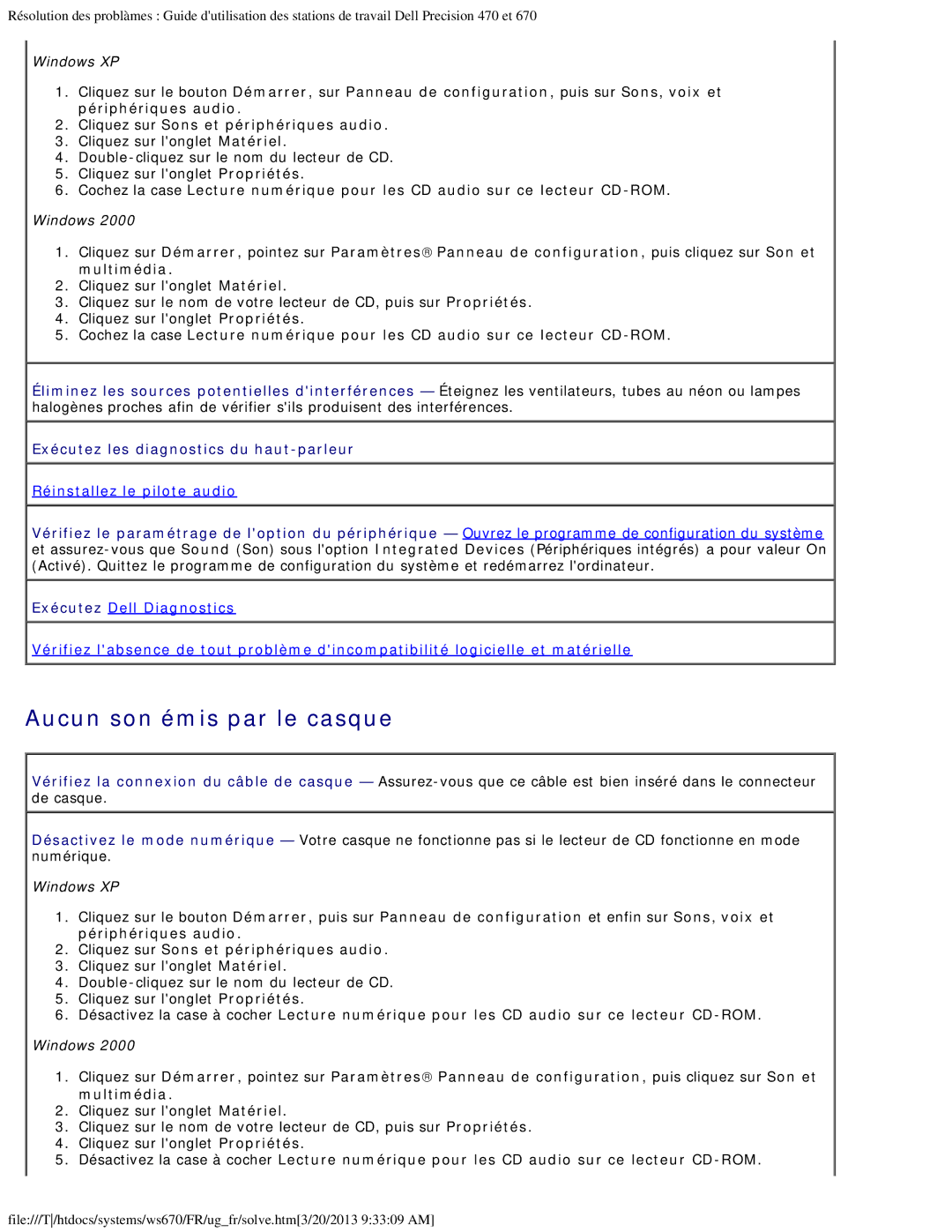 Dell 470 et 670 manual Aucun son émis par le casque, Réinstallez le pilote audio 