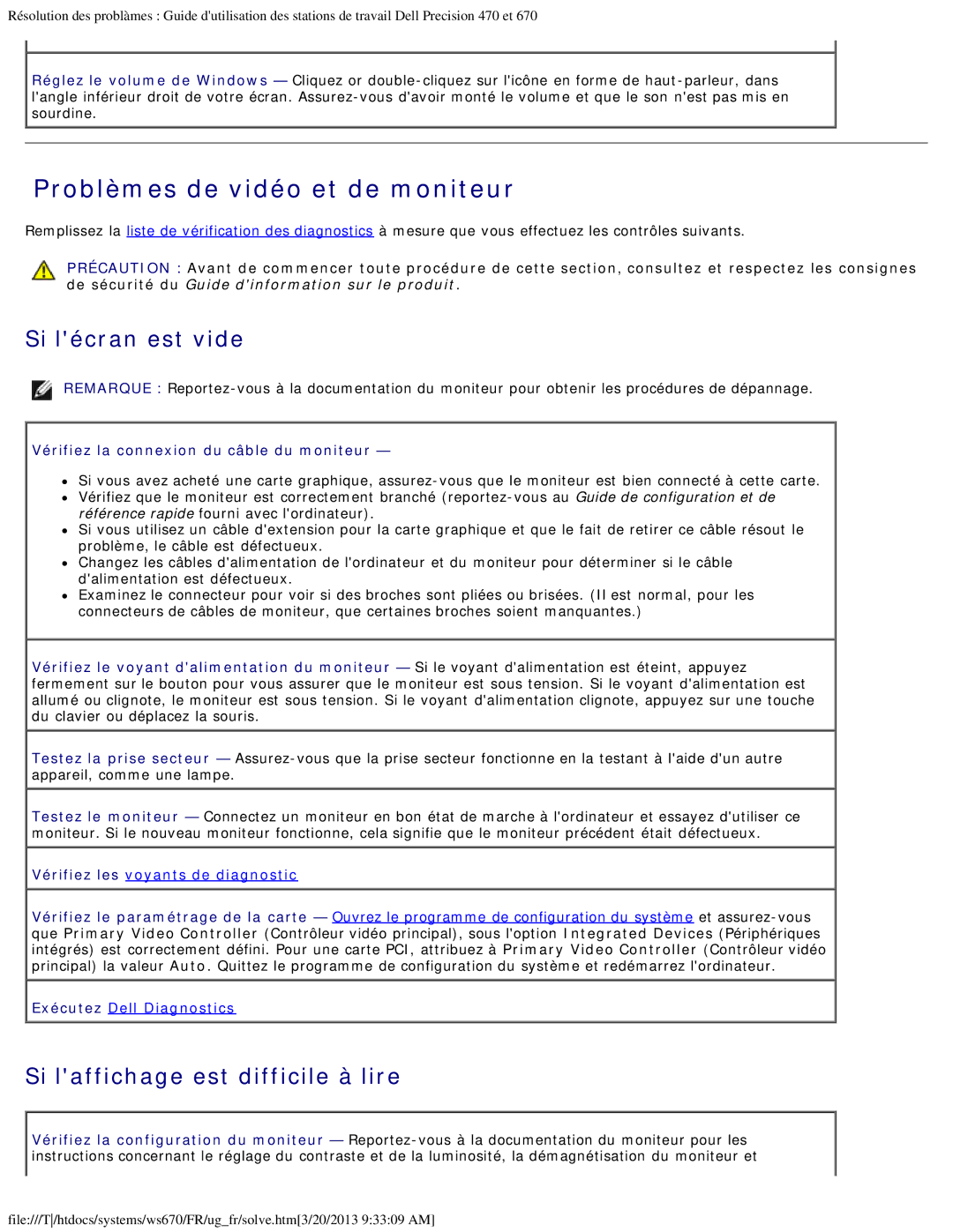 Dell 470 et 670 manual Problèmes de vidéo et de moniteur, Si lécran est vide, Si laffichage est difficile à lire 