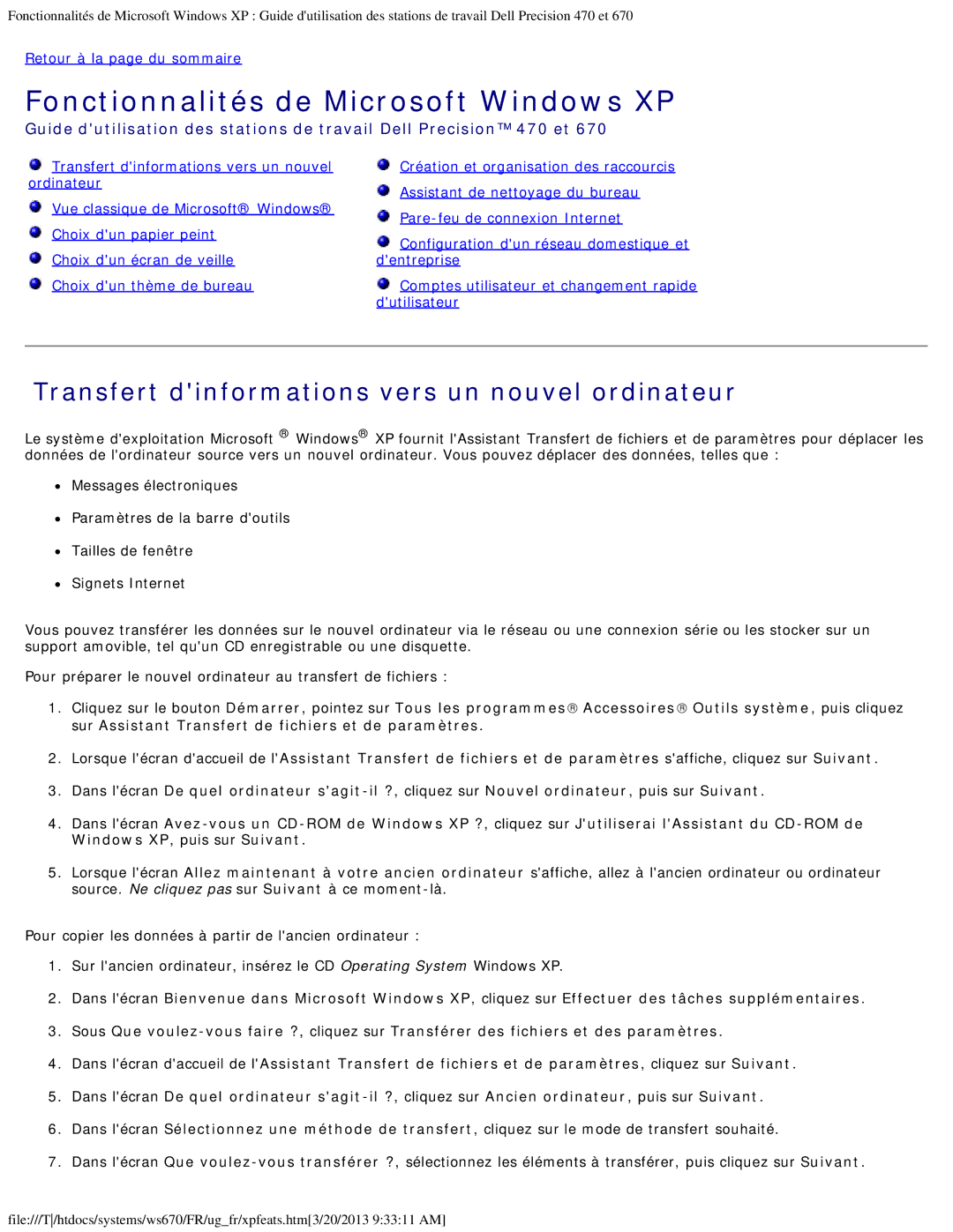 Dell 470 et 670 manual Fonctionnalités de Microsoft Windows XP, Transfert dinformations vers un nouvel ordinateur 