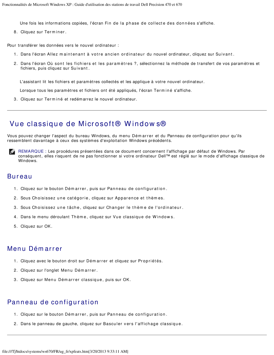 Dell 470 et 670 manual Vue classique de Microsoft Windows, Bureau, Menu Démarrer, Panneau de configuration 