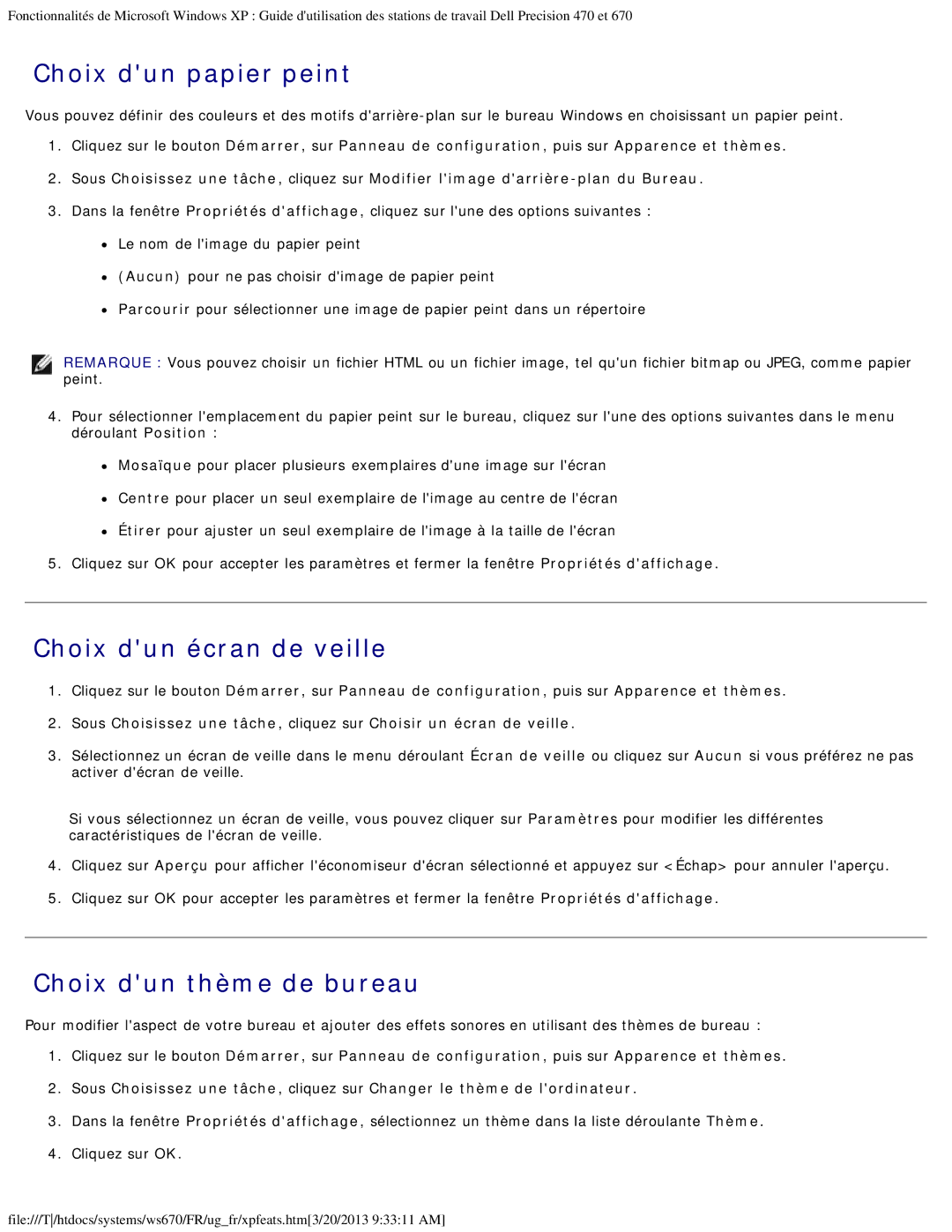 Dell 470 et 670 manual Choix dun papier peint, Choix dun écran de veille, Choix dun thème de bureau 