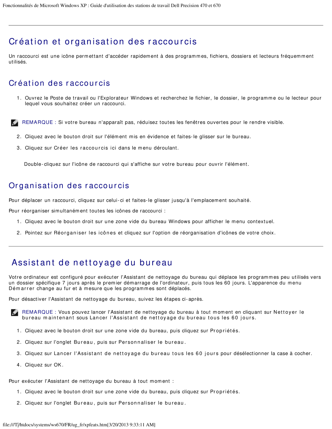 Dell 470 et 670 manual Création et organisation des raccourcis, Assistant de nettoyage du bureau, Création des raccourcis 