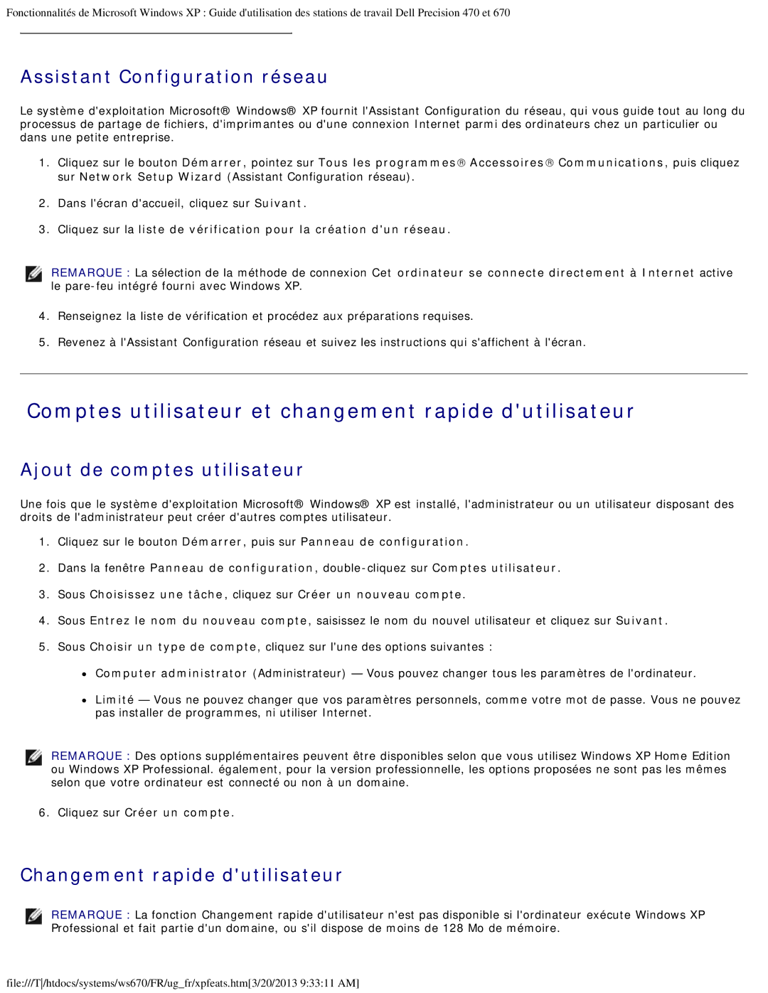 Dell 470 et 670 manual Comptes utilisateur et changement rapide dutilisateur, Assistant Configuration réseau 