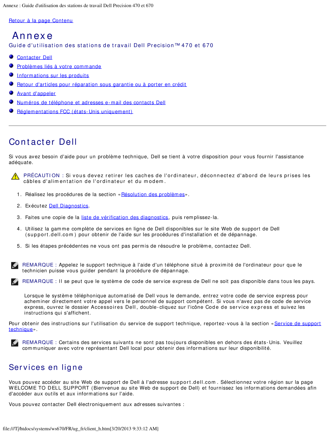 Dell 470 et 670 manual Contacter Dell, Services en ligne 