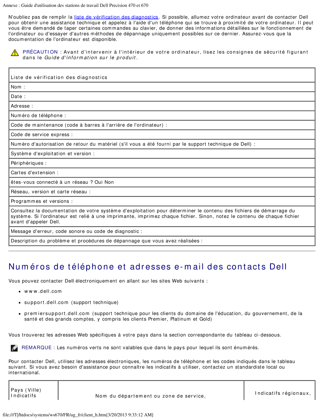 Dell 470 et 670 manual Numéros de téléphone et adresses e-mail des contacts Dell 