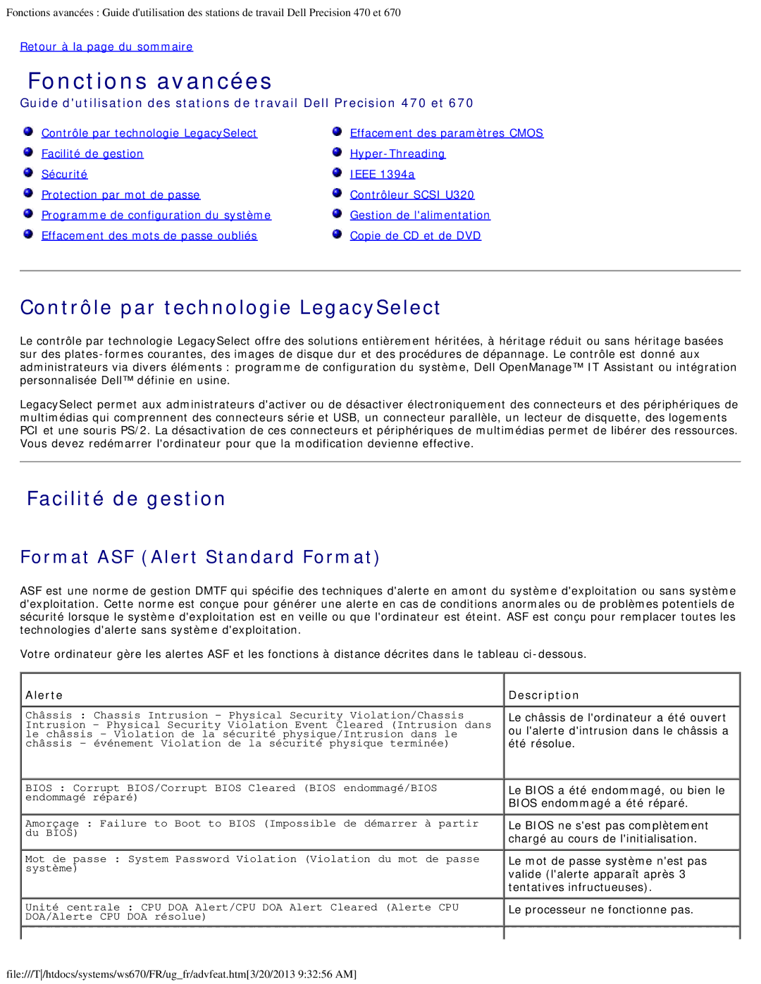 Dell 470 et 670 manual Contrôle par technologie LegacySelect, Facilité de gestion, Format ASF Alert Standard Format, Alerte 