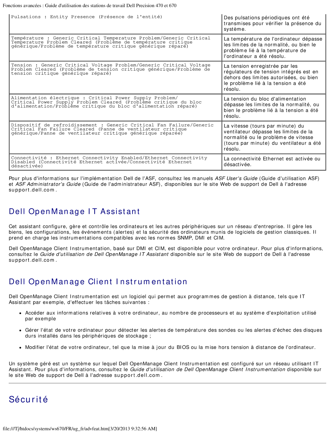 Dell 470 et 670 manual Sécurité, Dell OpenManage IT Assistant, Dell OpenManage Client Instrumentation 