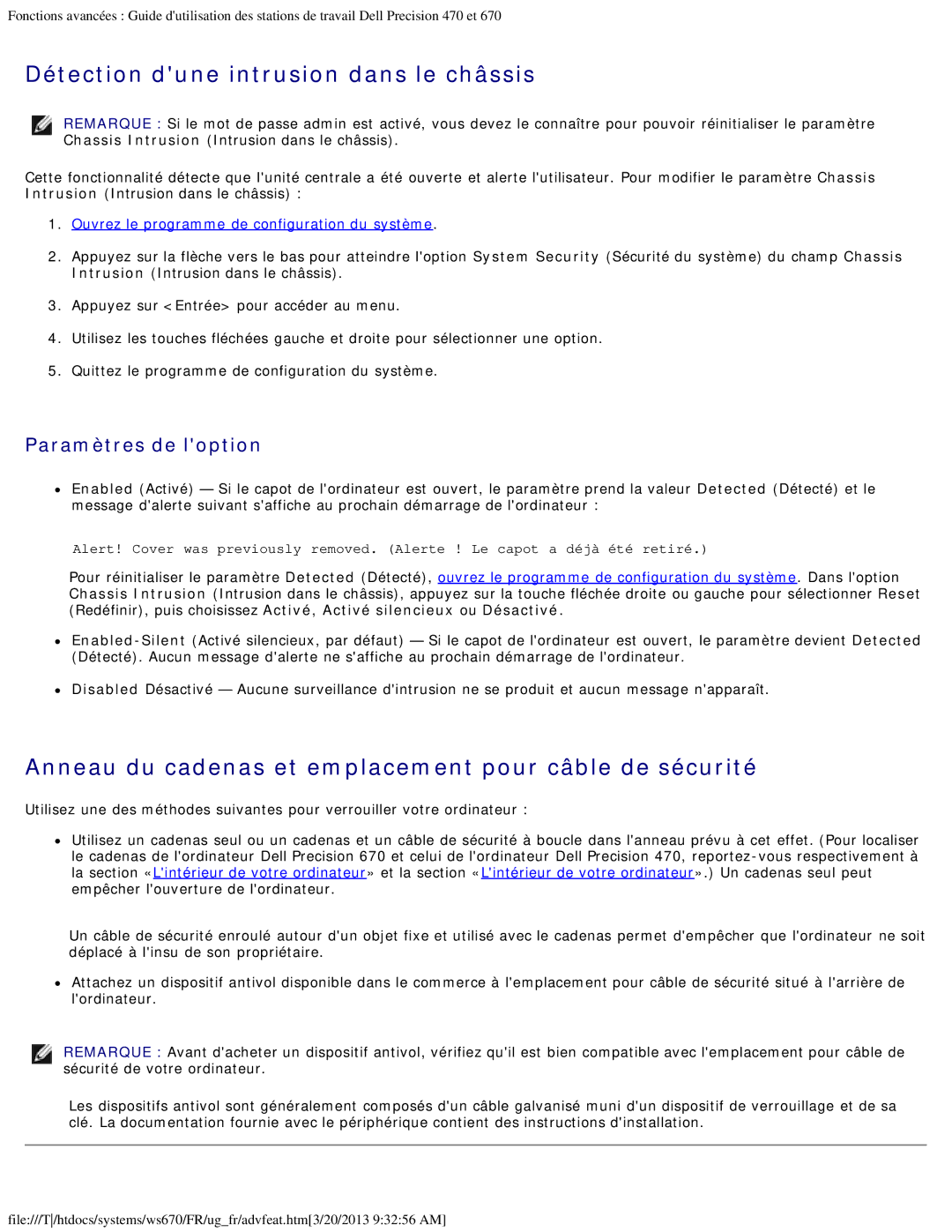 Dell 470 et 670 manual Détection dune intrusion dans le châssis, Anneau du cadenas et emplacement pour câble de sécurité 