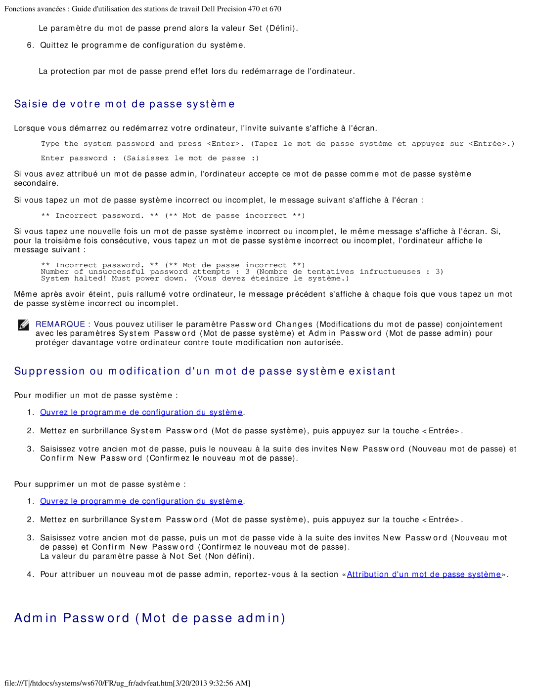 Dell 470 et 670 manual Admin Password Mot de passe admin, Saisie de votre mot de passe système 